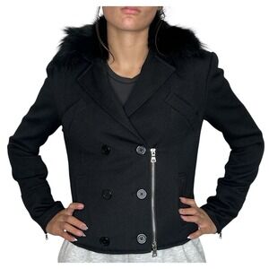 Jenni Kayne Wool Moto Peacoat Jacket XS Black Fox Fur Trim Crop Designer Luxury